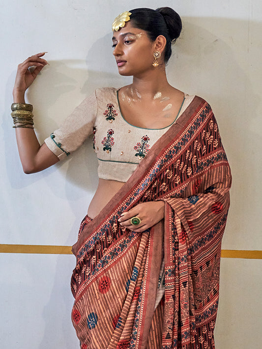 Silk Blend Brown Ethnic Woven & Printed Design