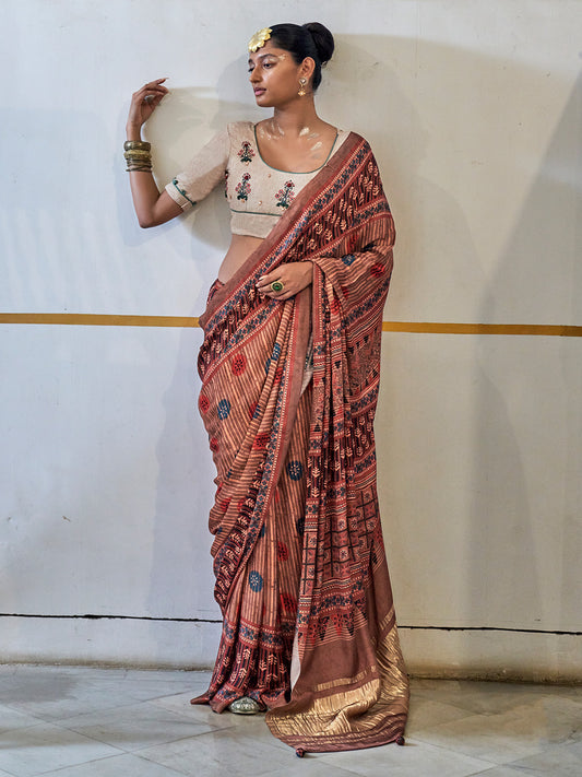 Silk Blend Brown Ethnic Woven & Printed Design
