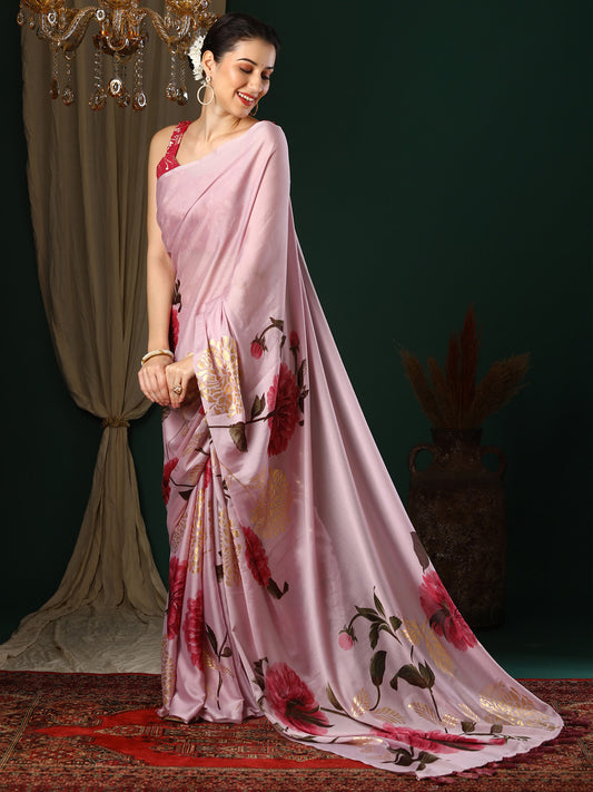 Blush Pink Georgette Saree with Oversized Peony Print