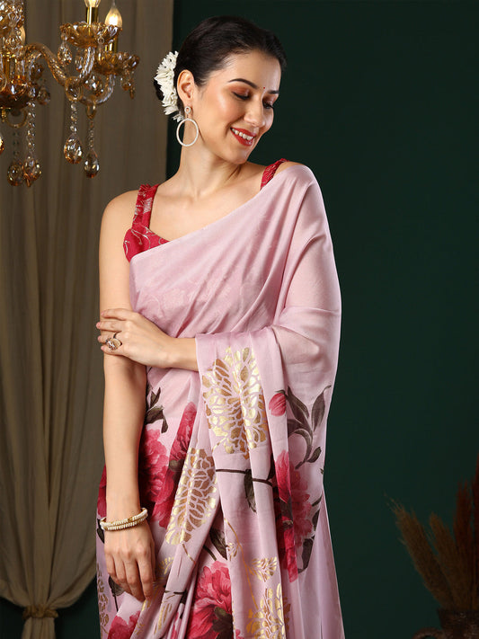 Blush Pink Georgette Saree with Oversized Peony Print