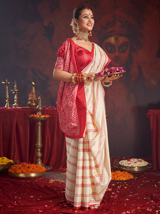 Ivory Murshidabad Silk Saree with Red Stripe Check Body, Dense Sambalpuri Cross-Stitch Woven Lal Paar Border & Pallu & Red Blouse