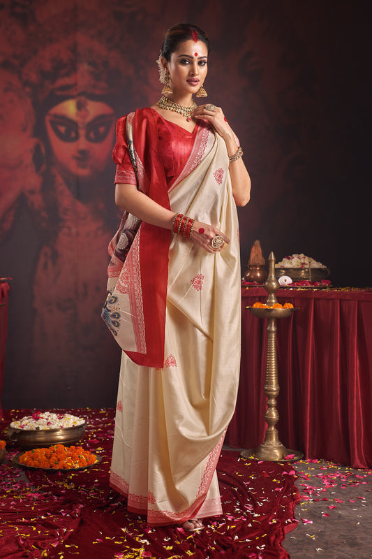 Divine Maa Durga & Peacock Motif Hand-Painted Saree