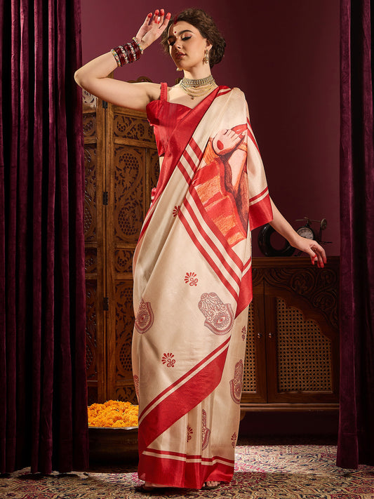 Ivory Murshidabad Silk Saree with Red Durga Devi Medallion Motifs, Lal Paar Border, Digital Durga Pallu & Red Blouse