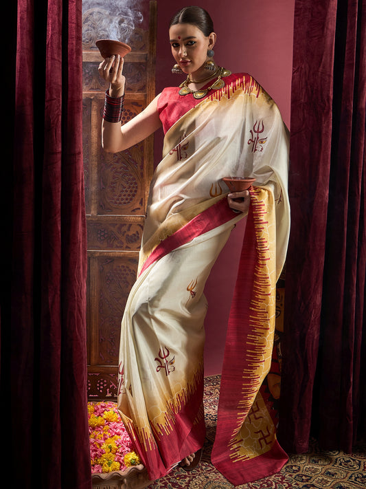 Ivory Murshidabad Silk Saree with Red Trishul Motifs, Feathered Flame Border, Golden Pattachitra Durga Pallu & Red Blouse