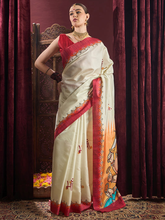Ivory Murshidabad Silk Saree with Pattachitra Sacred Motifs, Red Vine Border, Ombre Gradient Durga Mahishasuramardini Pallu & Red Blouse