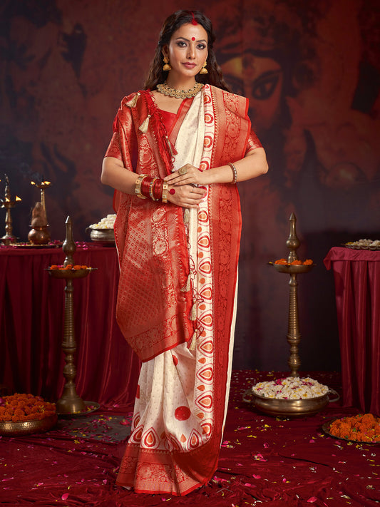 Off-White & Maroon Silk Blend Heritage Banarasi Style