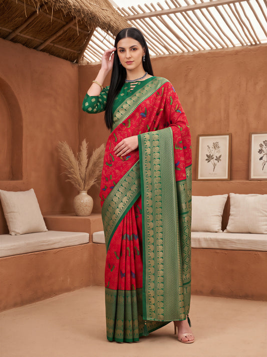 Madhumati Red Butterfly Cotton Blend Saree with Printed Border & Green Blouse Piece