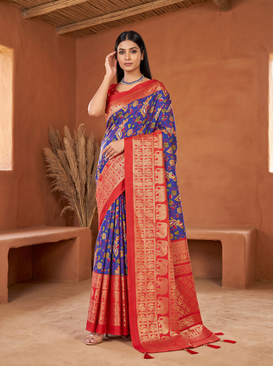 Anagha Blue Ethnic Motif Cotton Blend Saree with Zari Border & Red Blouse Piece