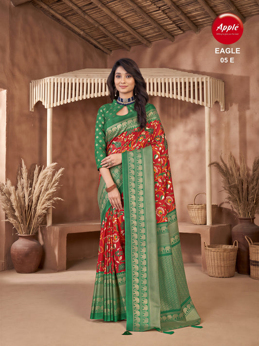 Jagriti Red Ethnic Motif Cotton Blend Saree with Zari Border & Green Blouse Piece