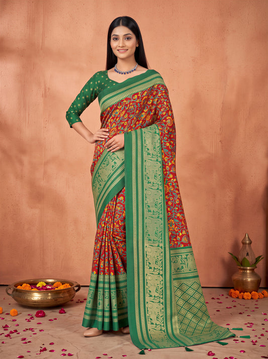 Shyamala Red Ethnic Motif Cotton Blend Saree with Zari Border & Green Blouse Piece