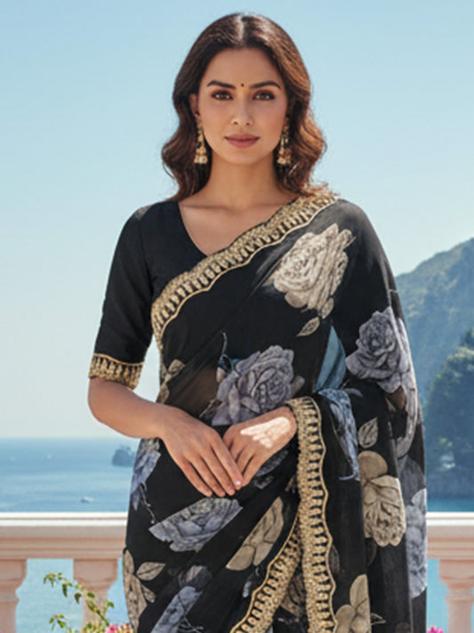 Black Georgette Digital Floral Print with Golden Lace Border
