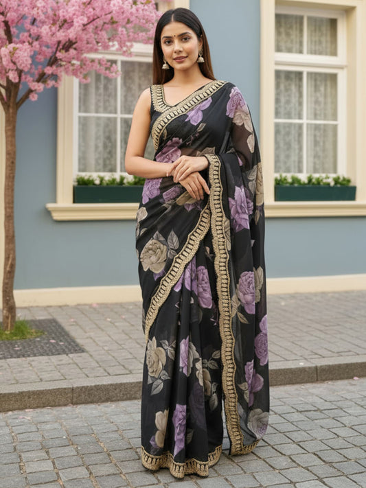 Black with Lavender Premium Chiffon Digital Floral Print