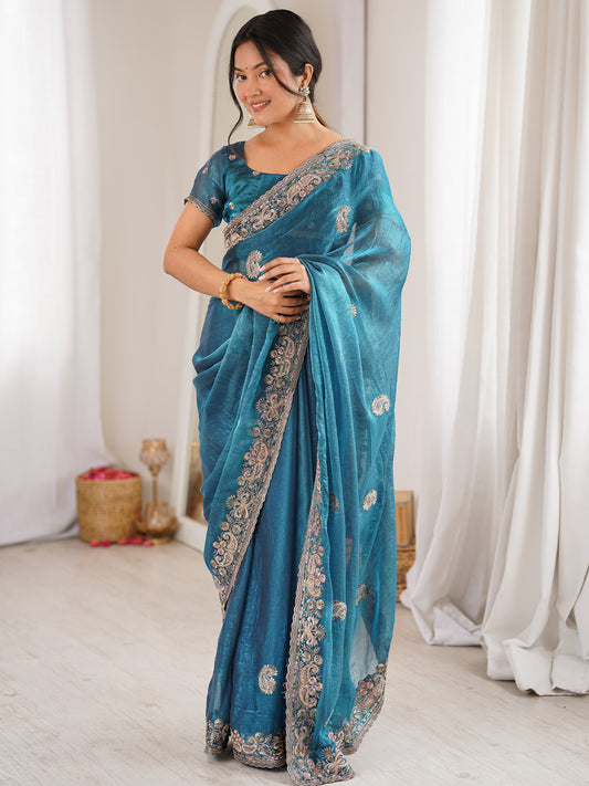 Rama Blue Georgette Silk Blend Saree