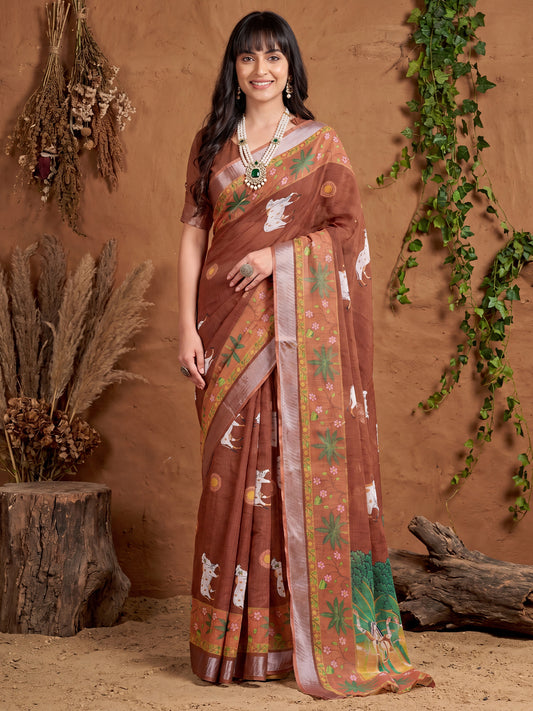 Brown Pichwai Cow Printed Cotton Linen Saree