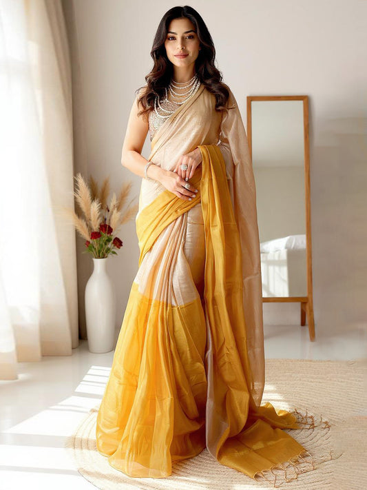 Silver & Gold Tissue Linen Saree with Broad Zari Stripes
