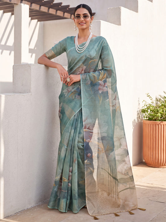 Teal Blue Cotton Silk Floral Digital Print Saree