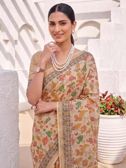 Beige Cotton Silk Floral Print Silk Saree