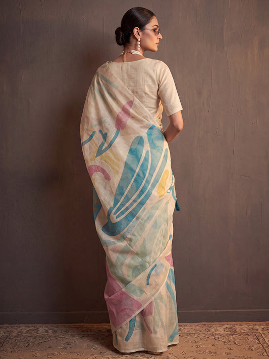 Off White Cotton Silk Abstract Watercolor Print Saree