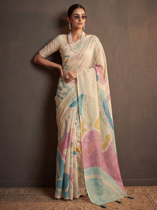 Off White Cotton Silk Abstract Watercolor Print Saree