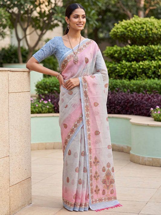 Pink & Grey Ombre Cotton Silk Woven Zari Butta Saree