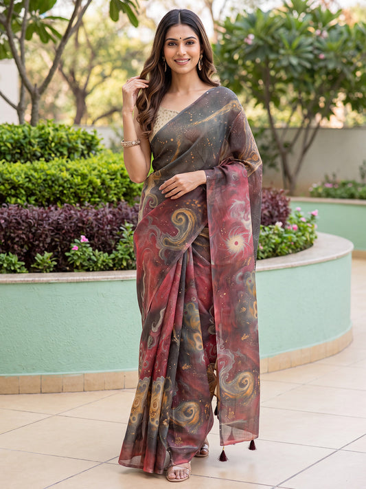Mint Grey &Pink Ombre Cotton Silk Woven Floral Pallu Saree
