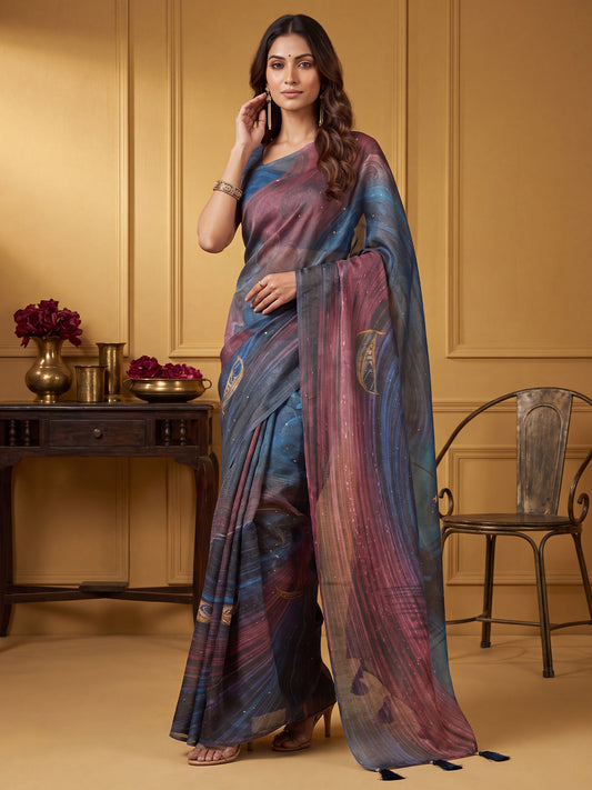 Multicolor Blue & Wine Abstract Digital Print Cotton Silk Saree