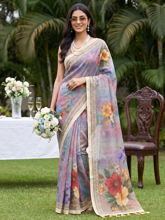 Pastel Multicolor Floral Digital Print Cotton Silk Saree