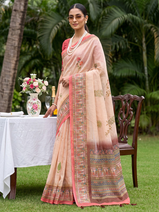 Peach Cotton Silk Woven Warli Tribal Border Saree