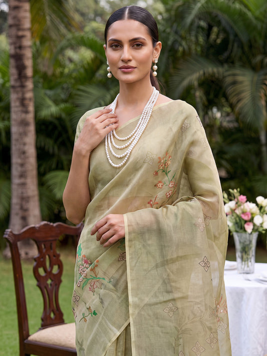 Sage Olive Green Cotton Silk Floral Embroidered Saree