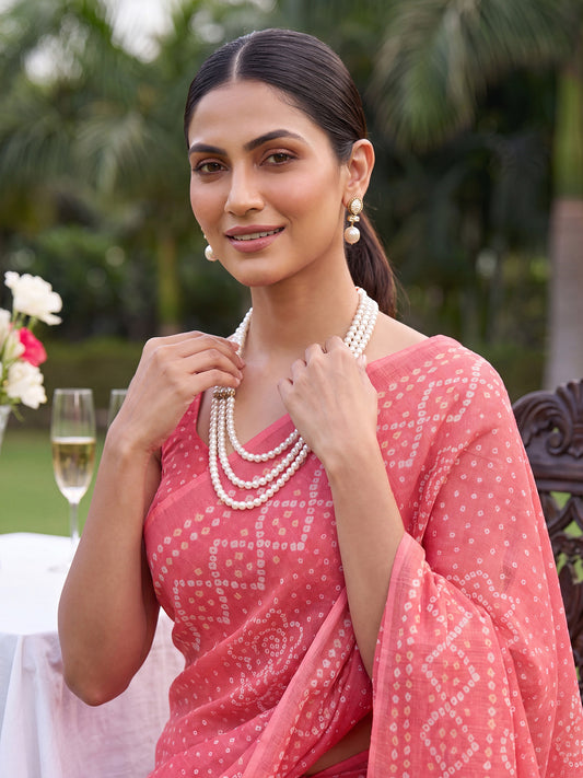 Coral Pink Bandhani Cotton Silk Saree