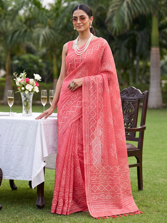 Coral Pink Bandhani Cotton Silk Saree
