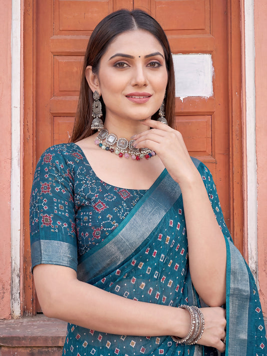Teal Blue Patola Bandhani Printed Cotton Linen Saree