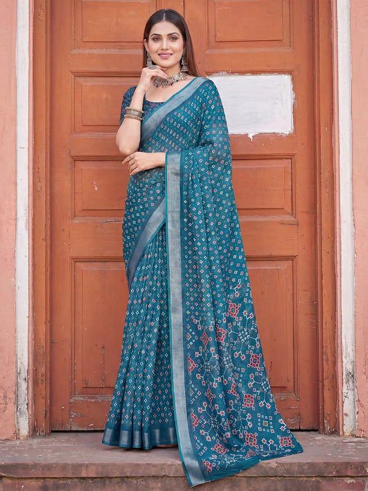 Teal Blue Patola Bandhani Printed Cotton Linen Saree