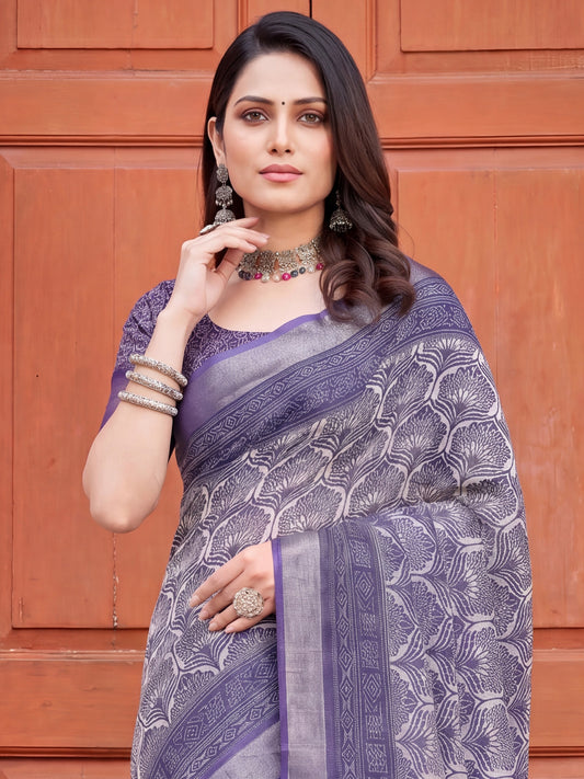 Lavender Purple Kalamkari Printed Cotton Linen Saree