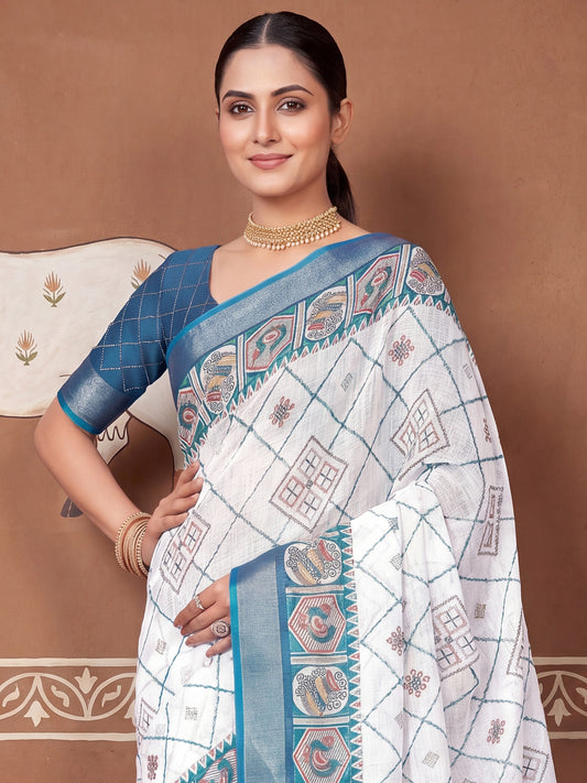 Off-White Kalamkari Printed Cotton Linen Saree