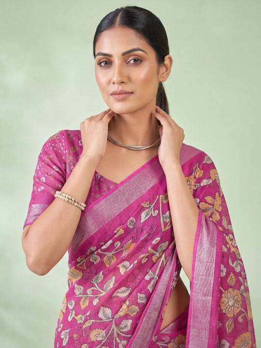 Magenta Pink Kalamkari Floral & Bird Printed Cotton Silk Saree