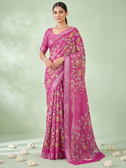 Magenta Pink Kalamkari Floral & Bird Printed Cotton Silk Saree