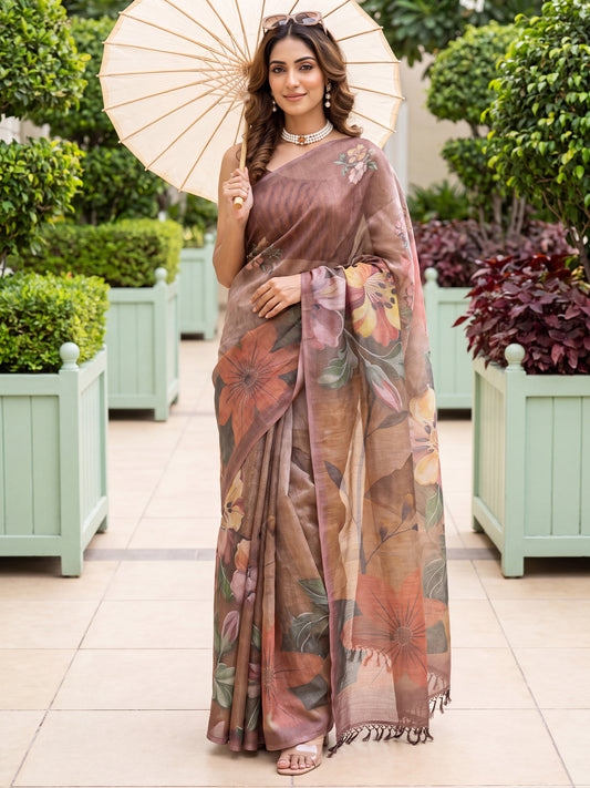 Brown Linen Blend Digital Floral Print