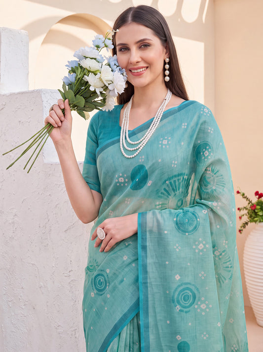 Teal Blue Linen Blend Casual Wear Printed Saree