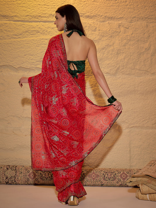 Red Georgette Saree with Bandhani Digital Print
