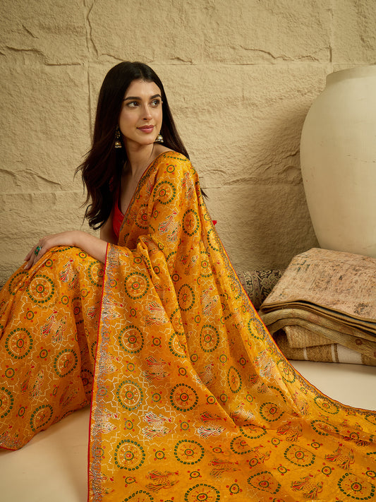Yellow Georgette Saree with Bandhani Digital Print