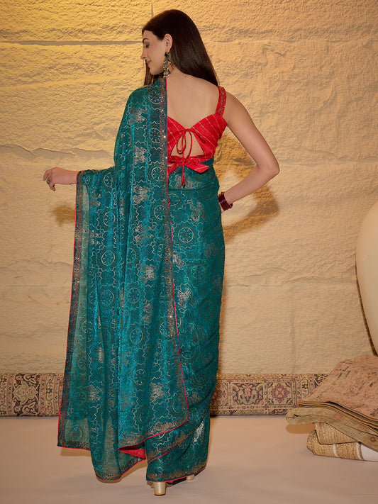 Rama Green Georgette Saree with Bandhani Digital Print
