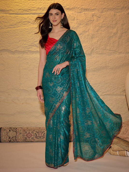 Rama Green Georgette Saree with Bandhani Digital Print