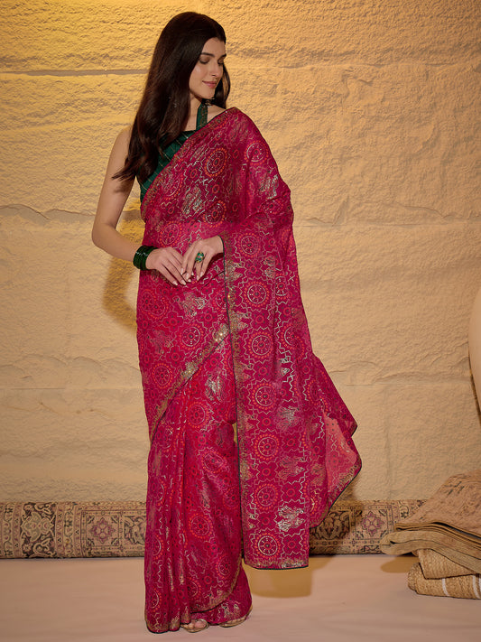 Magenta Georgette Saree with Bandhani Digital Print