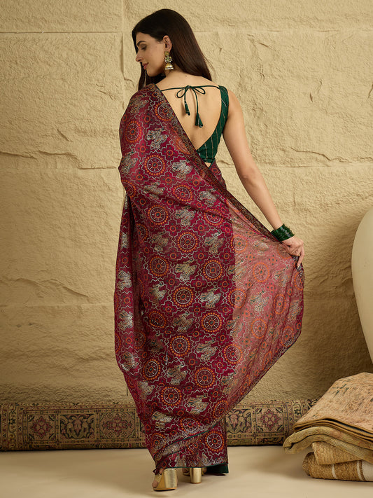 Wine Georgette Saree with Bandhani Digital Print