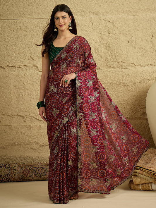 Wine Georgette Saree with Bandhani Digital Print