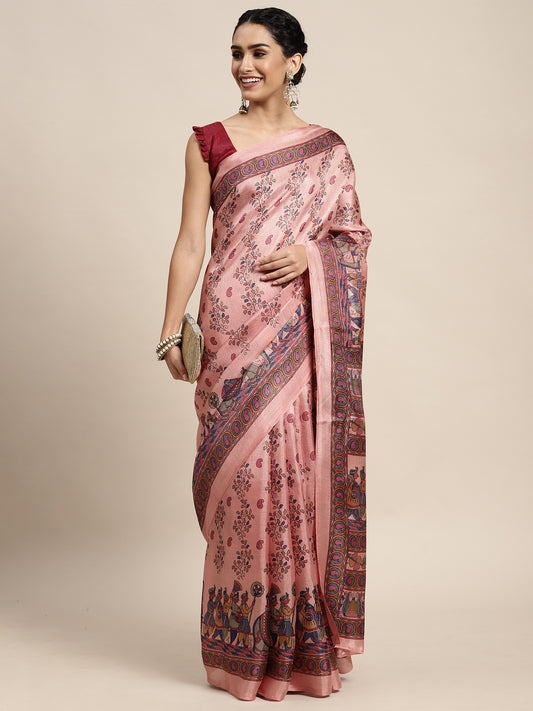 Dusty Pink Madhubani Print Silk Saree with Maroon Blouse