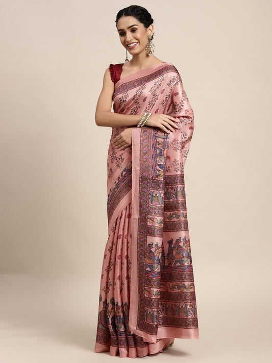 Dusty Pink Madhubani Print Silk Saree with Maroon Blouse