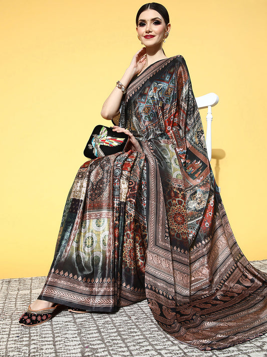 Silk Blend Silver Zari and Multi-Colour Floral Jaal Saree