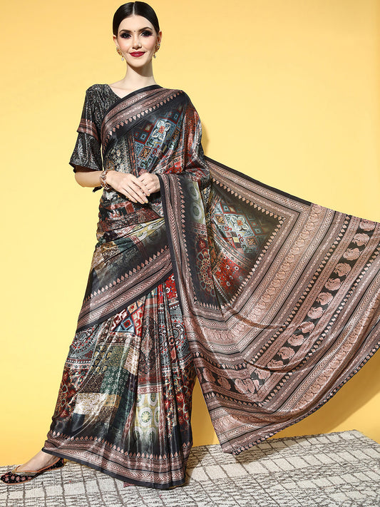 Silk Blend Silver Zari and Multi-Colour Floral Jaal Saree